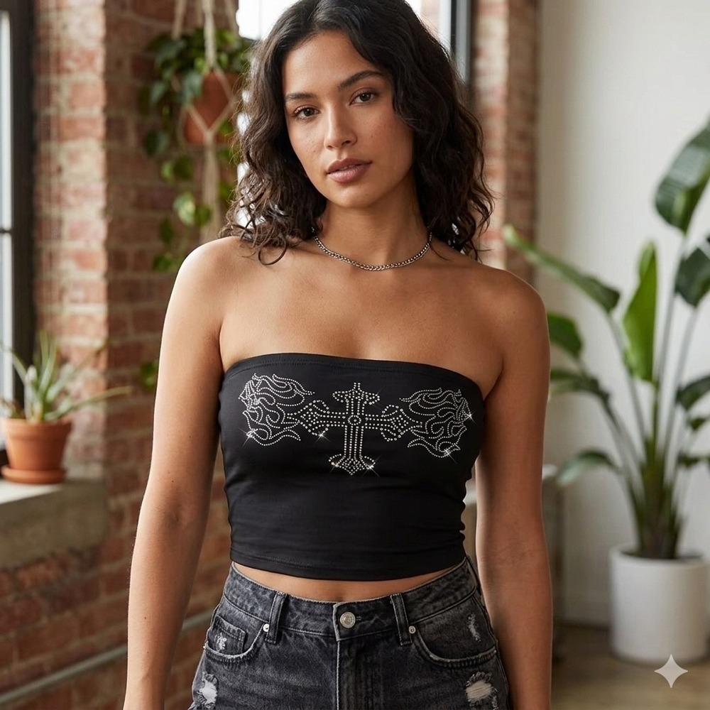 Black Rhinestone Cross Flame Tube Top 1X Strapless Y2K Grunge Goth Bling